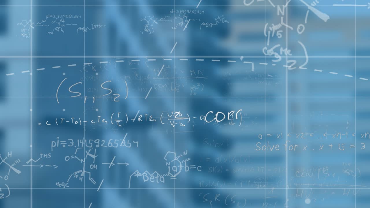 Facade behind grid sweeping dashed arc intersecting diagonal line, chalk-style formulas layering