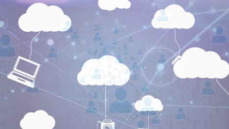 animación de la red de conexiones a través de nubes e iconos digitales