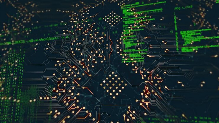 Animation of illuminated circuit board pattern over computer language against black background