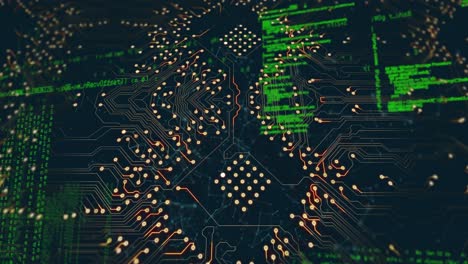 animation of illuminated circuit board pattern over computer language against black background