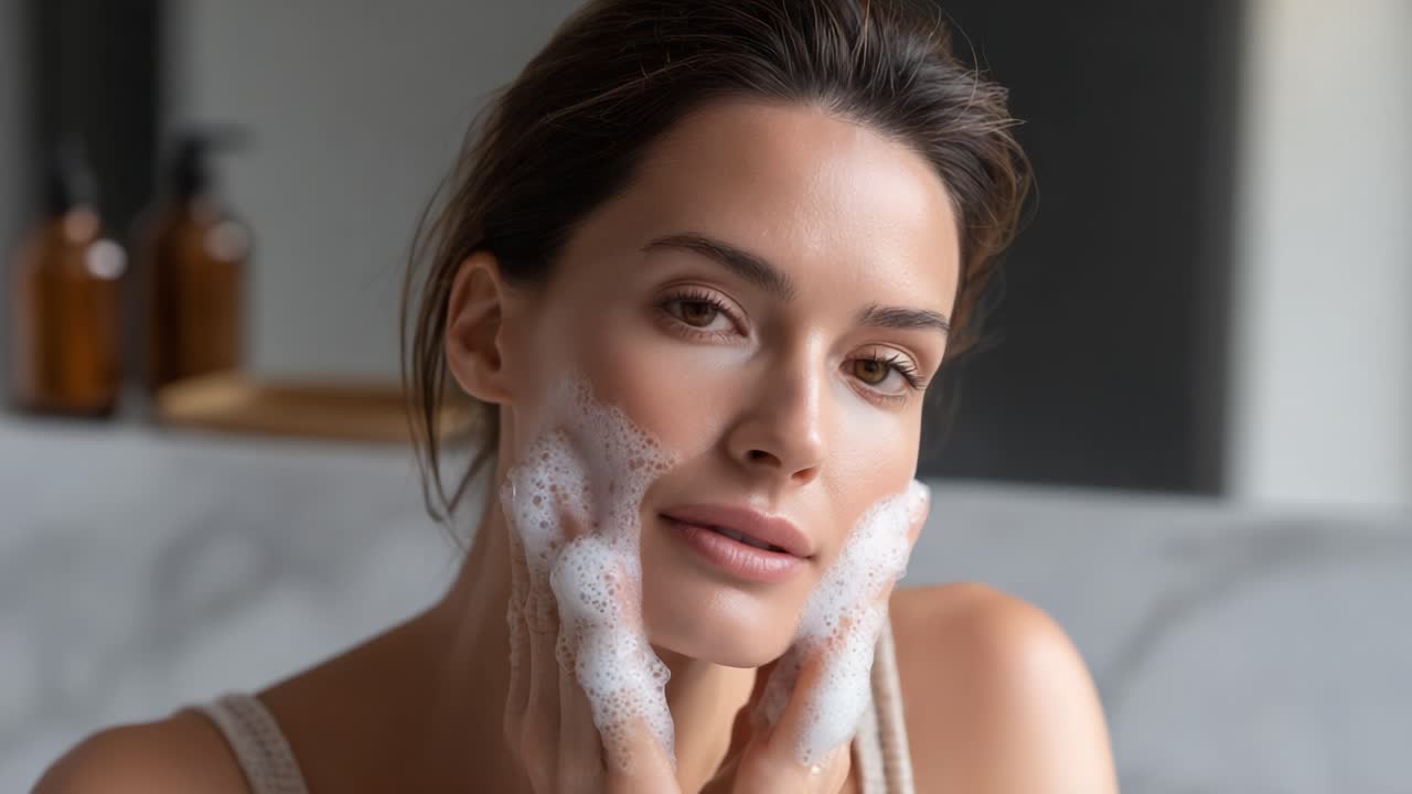 A Young Woman Delicately Cleansing Her Face with Foaming Cleanser, Showcasing a Refreshing Skincare Routine in a Bright, Natural Setting