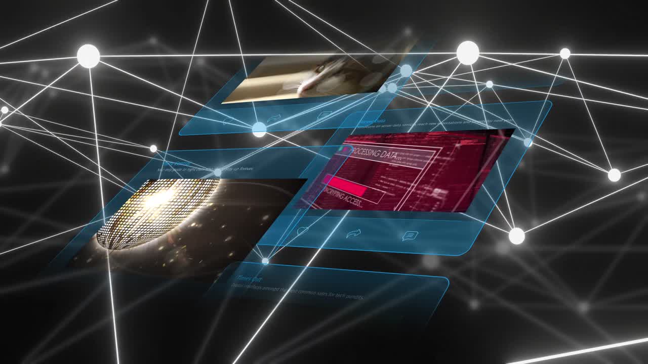 animación de la red de conexiones e iconos digitales en la pantalla sobre un fondo negro