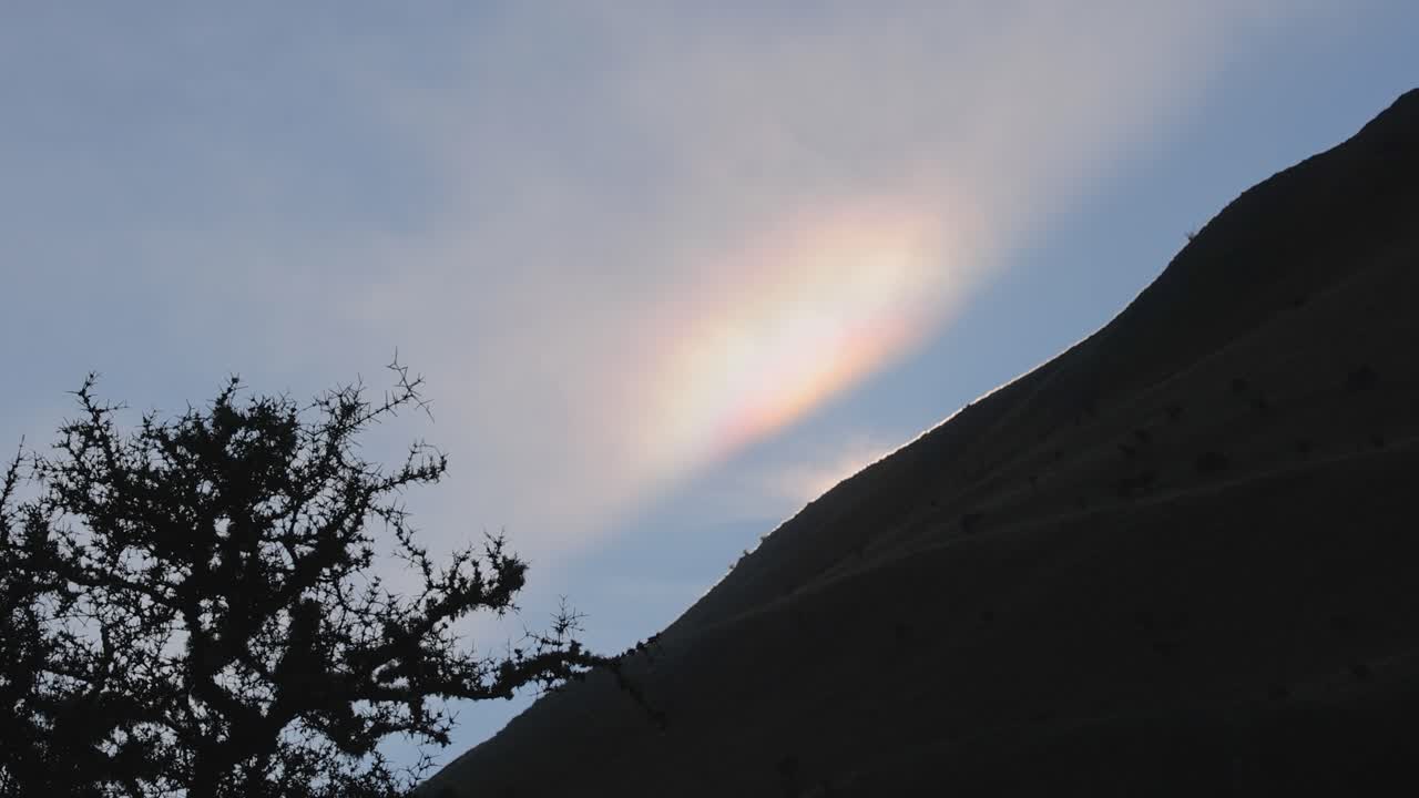A stationary camera captures an iridescent cloud above a silhouetted mountain and tree at dusk, with soft natural lighting and tranquil atmosphere
