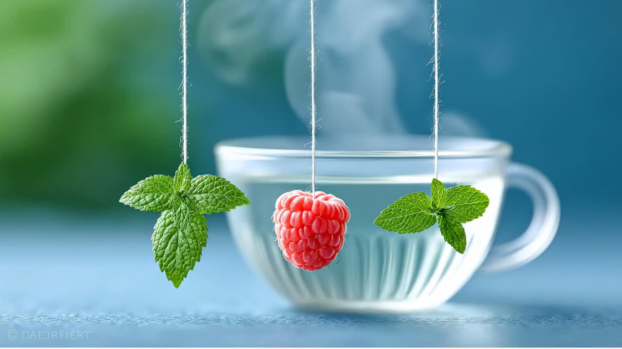 Refreshing raspberry and mint herbal tea. Raspberry and mint hang above a steaming cup of herbal tea, showcasing vibrant colors and inviting aromas