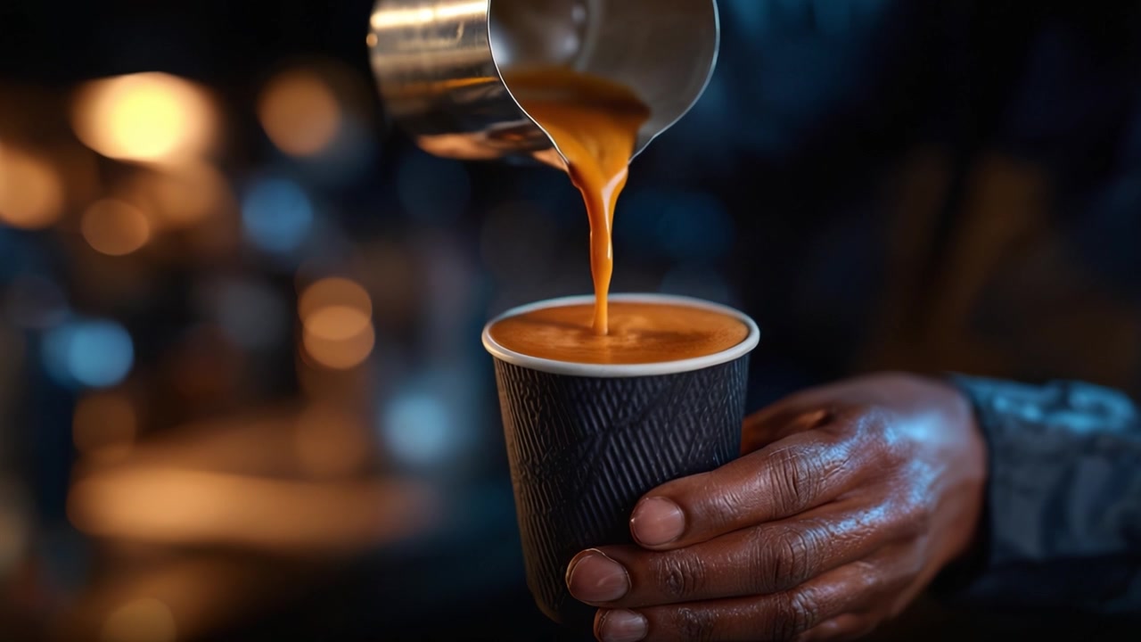 Caffè artigianale versato da una brocca d'argento in una tazza nera, catturando il ricco aroma e la consistenza vellutata in un'esperienza di caffè rivelatrice.