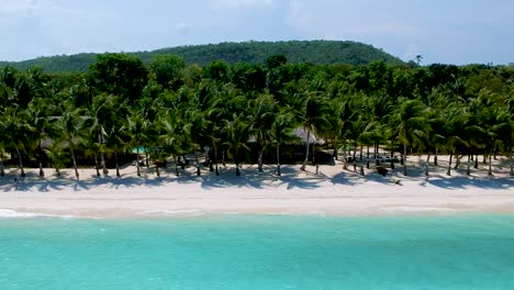 Wide-aerial-view-of-beautiful-palm-tree-beach-with-white-sand-and-turquoise-blue-sea-White-beach,-Panglao-island,-Bohol,-Visayas,-Philippines