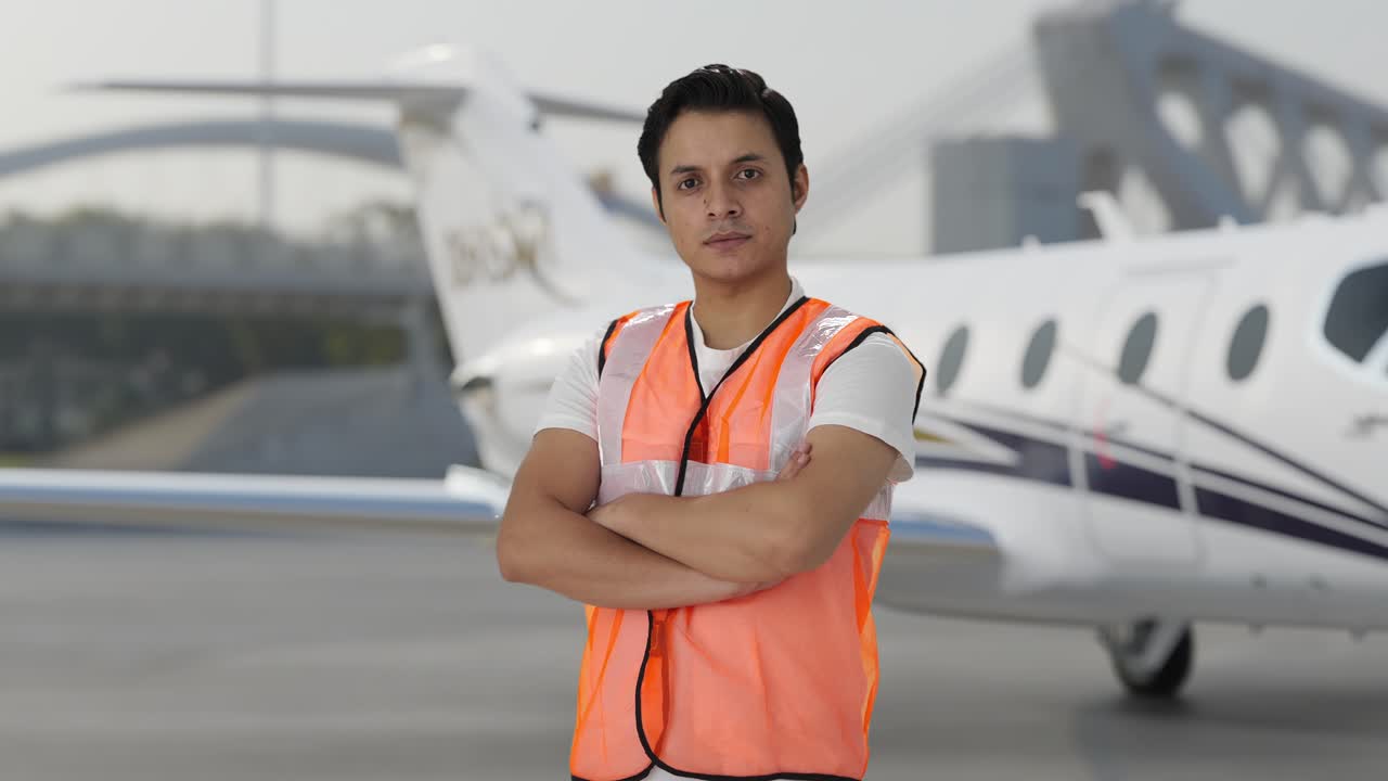 retrato del trabajador del personal de tierra del aeropuerto indio de pie con las manos cruzadas