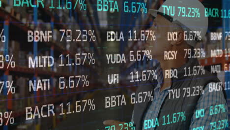 animation of stock market over biracial worker in warehouse