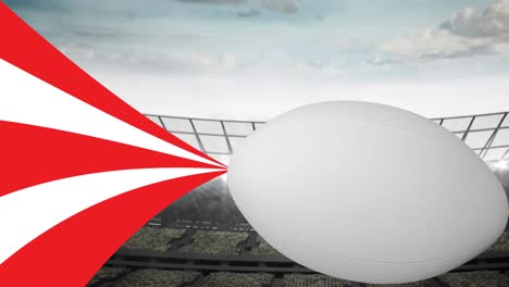 animation of rugby ball with red and white trails on sports stadium background