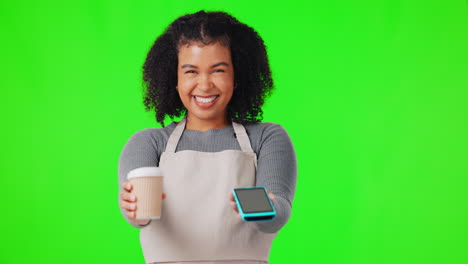 Machine,-coffee-and-woman-face-in-green-screen
