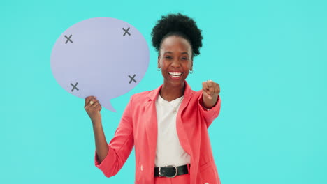 Black-woman,-face-and-speech-bubble-with-hand