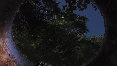a slow moving shot with trees and blue sky reflected on the surface of oil in a wok