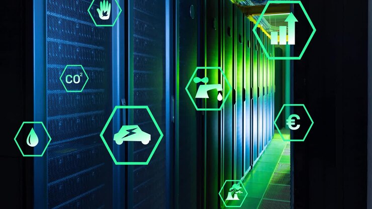 Animation of ecology icons over server room