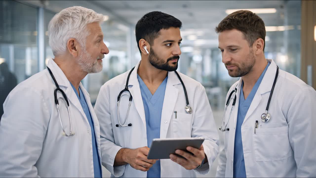 Medical team of doctors reviewing patient data on tablet in hospital corridor