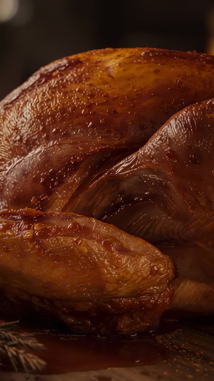 Vertical video: Heat causing roasted turkey dripping juices on dining table with rosemary sprigs