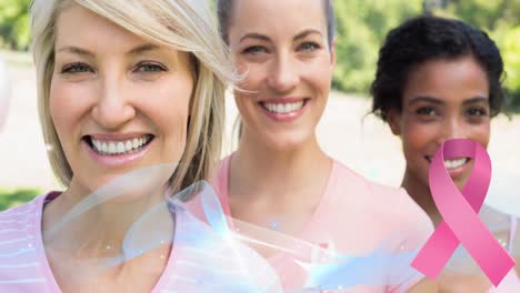 Animation-of-pink-ribbon-logo-and-blue-wave-over-diverse-group-of-smiling-women