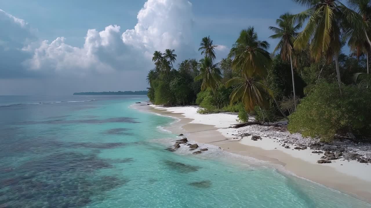Paesaggio Sereno di Spiaggia con Acque Turchesi e Vegetazione Rigogliosa Sotto un Cielo Nuvoloso: Un'Immagine di Tranquillità Tropicale e Bellezza Naturale.