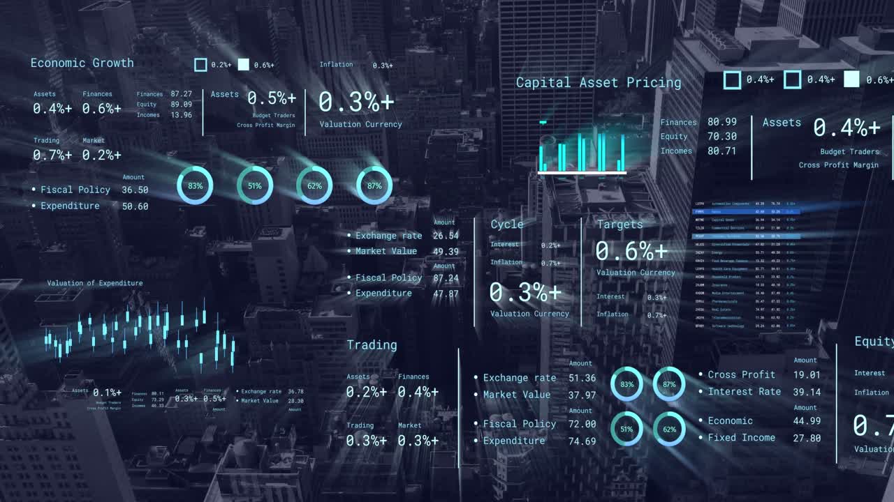 Animation of financial data processing over cityscape