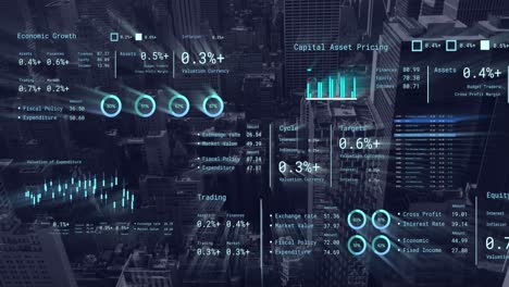 animación del procesamiento de datos financieros sobre el paisaje urbano