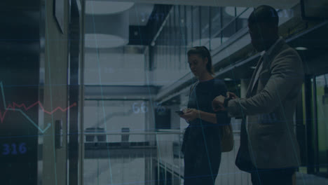 animation of financial data processing over diverse business people in office
