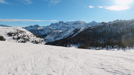 fpv pov of alpine skiing in dolomites, italy