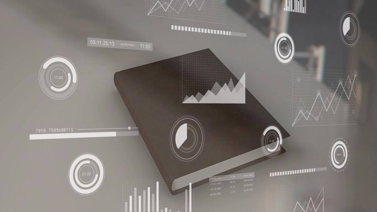 On load black notebook sitting as HUD elements animating dials rotating bars sliding showing data