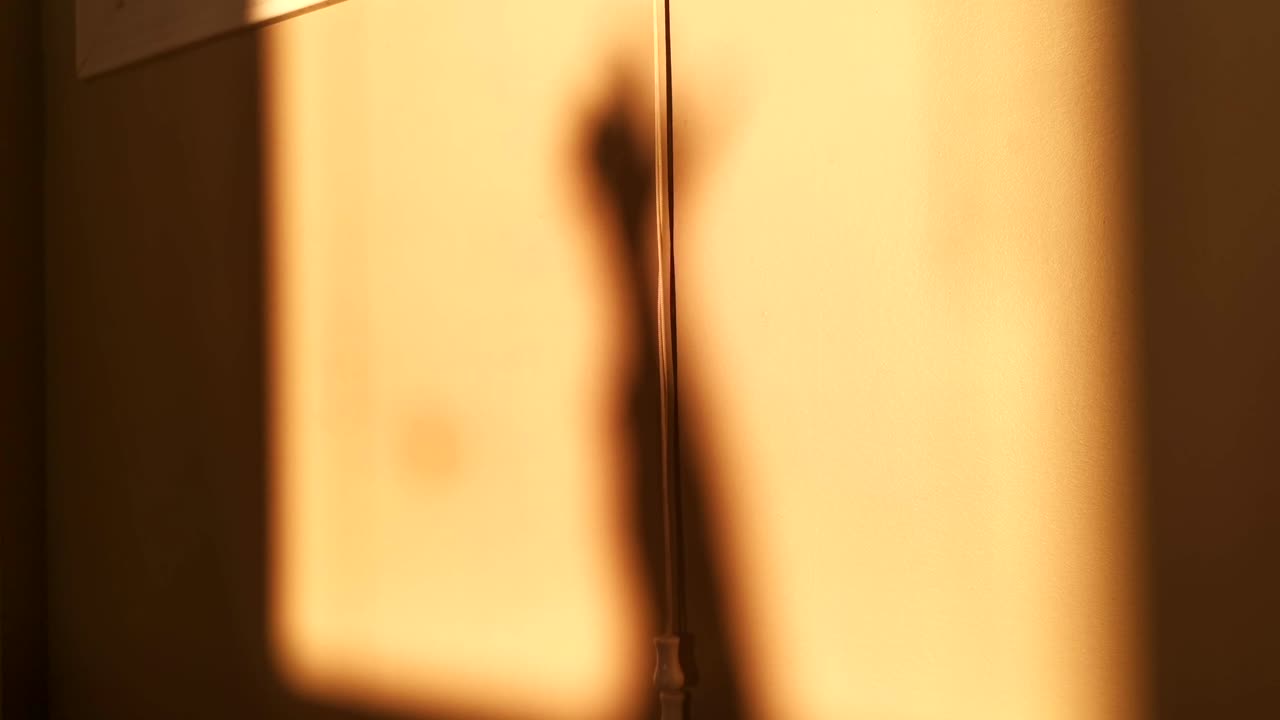 Playful shadow of a hand on beige orange wall during colourful sunset. Interior shade concepts captured in 4k ultra high resolution. Static video of golden hour captured indoors.