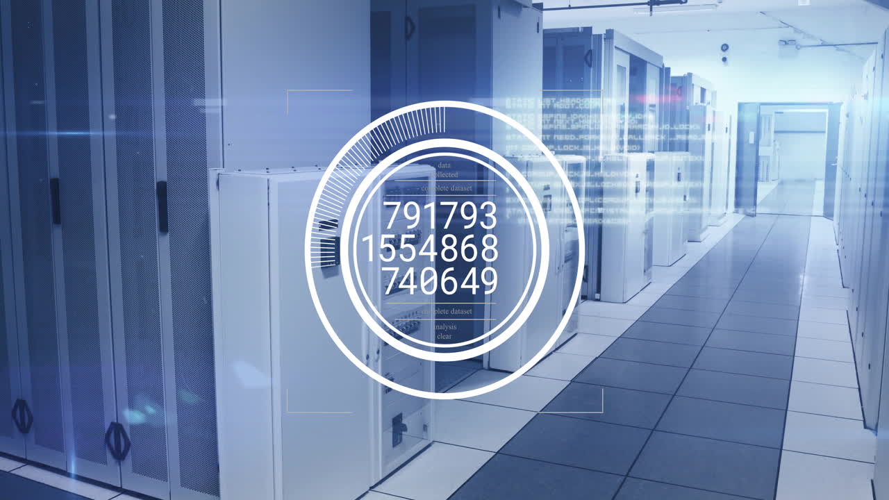 Digital data processing animation over servers in modern data center hallway