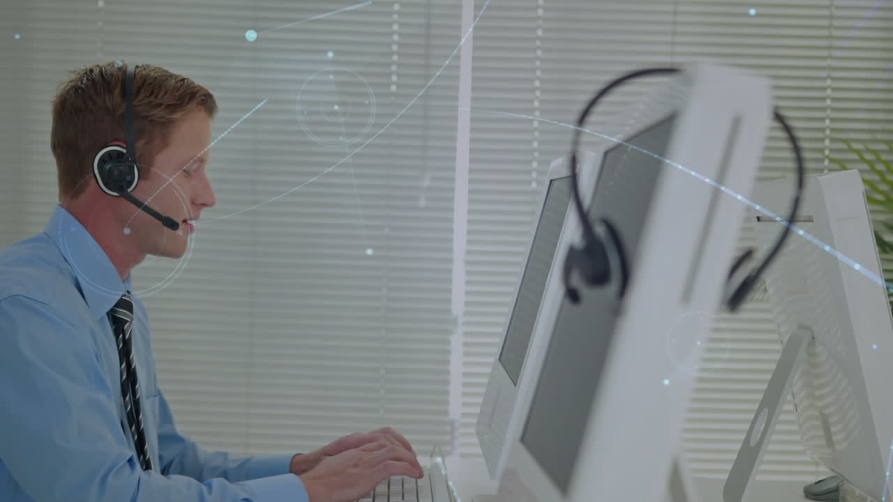 전화 헤드 ⁇ 을 착용 한 사업가에 대한 연결 네트워크의 애니메이션