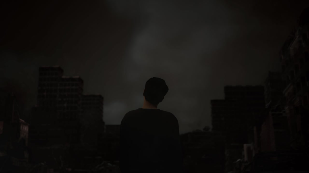 vista trasera de un hombre refugiado asiático angustiado de pie en medio de una ciudad en ruinas después de una guerra. sacudiendo la cabeza siendo triste debido a la guerra. el concepto de rechazo