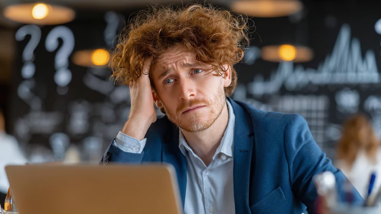 A Young Man in a Suit Stares Uncertainly at a Laptop, Exhibiting Visible Frustration and Deep Contemplation While Surrounded by Abstract Graphical Elements in a Cozy Environment