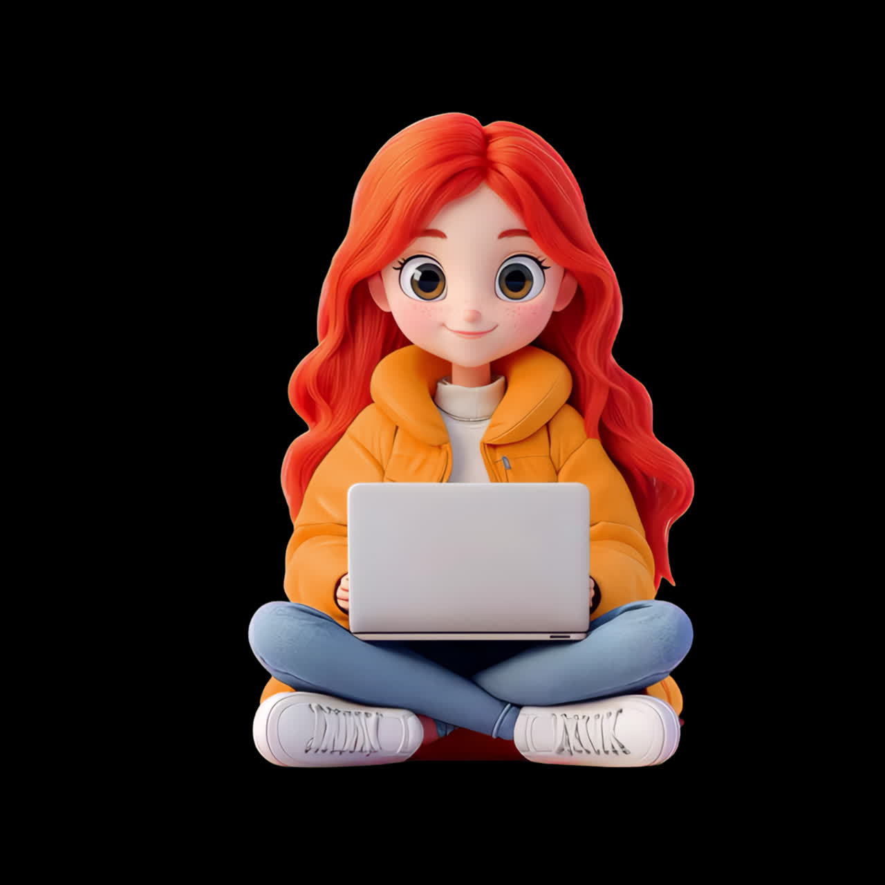 Cartoon girl using laptop animation isolated asset, transparent 4K video, alpha channel, ProRes 4444