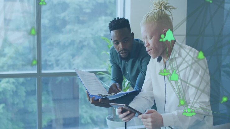 Animation of globe with network of connections over diverse business people in office