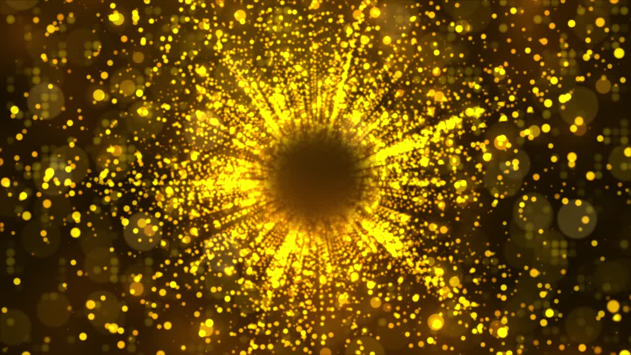 Goldene Weihnachts-Bokeh-Feier: Leuchtende Lichter, Sterne und Konfetti in einem festlichen Sci-Fi-Tunnel