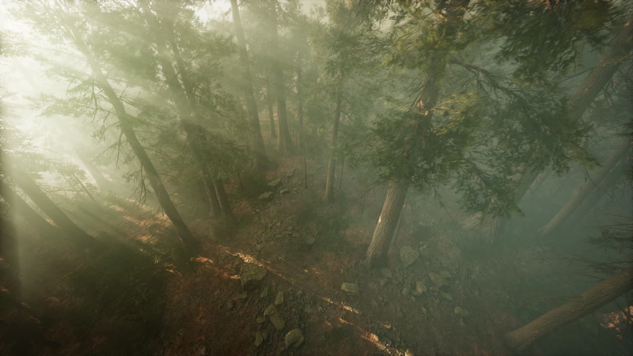 drone rompiendo a través de la niebla para mostrar la secuoya y el pino