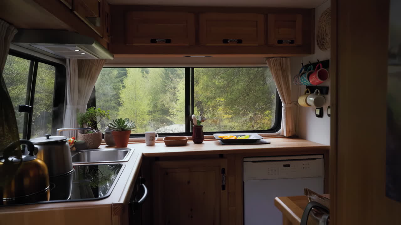 Cozy kitchen interior of an RV with a view of a lush green forest