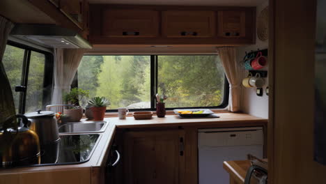 cozy kitchen interior of an rv with a view of a lush green forest