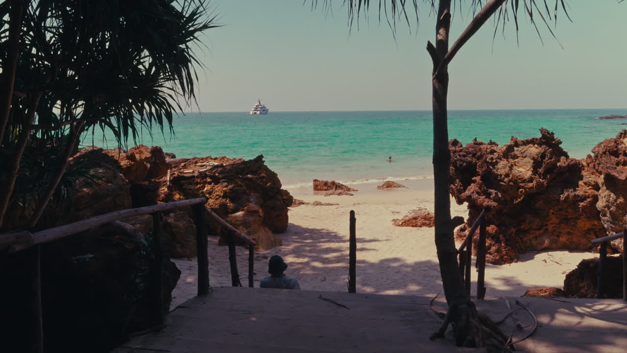 Tropical Beach Scene with Yacht