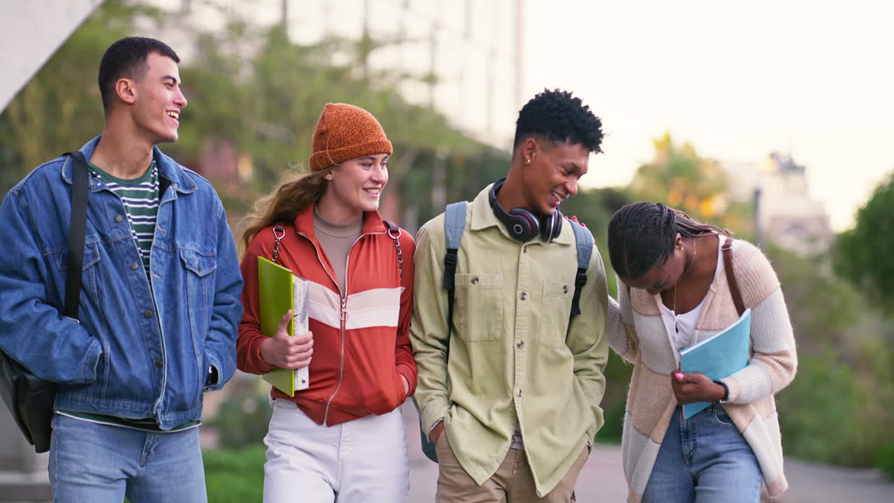 Group of diverse college students walking together on campus