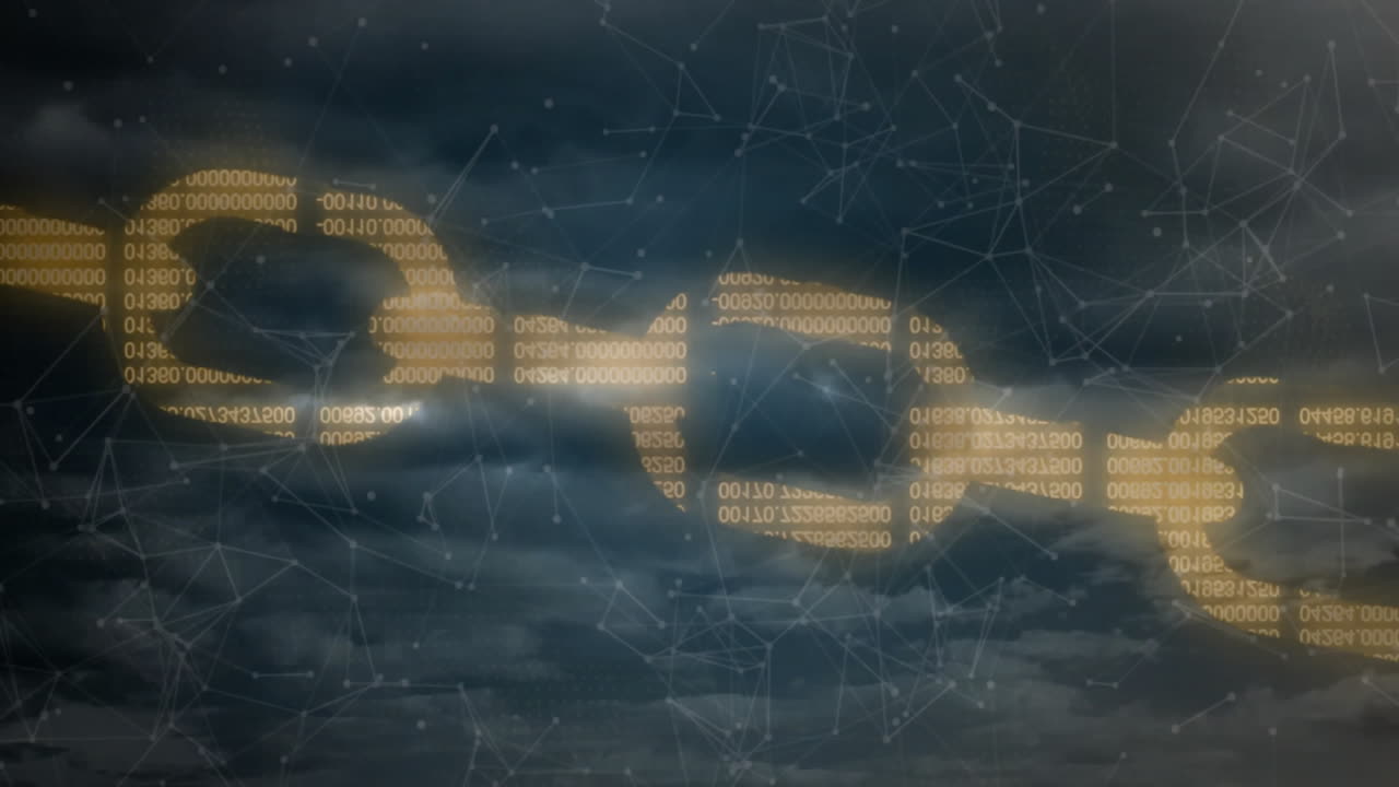 código binario y animación de conexiones de red sobre fondo de cielo tormentoso