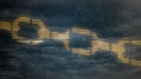 Binary-code-and-network-connections-animation-over-stormy-sky-background