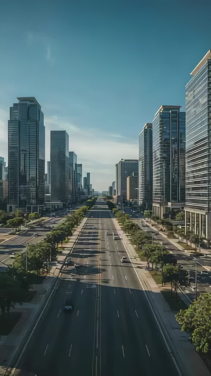 Vertical video: Starting camera gliding city boulevard lined by trees, highrises with car appearing