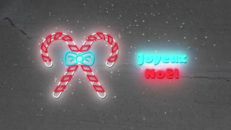 animation of neon christmas seasons greetings in french and decorations over wall