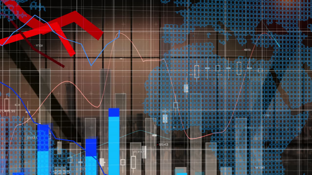 Animation of statistics and financial data processing with red lines over grid