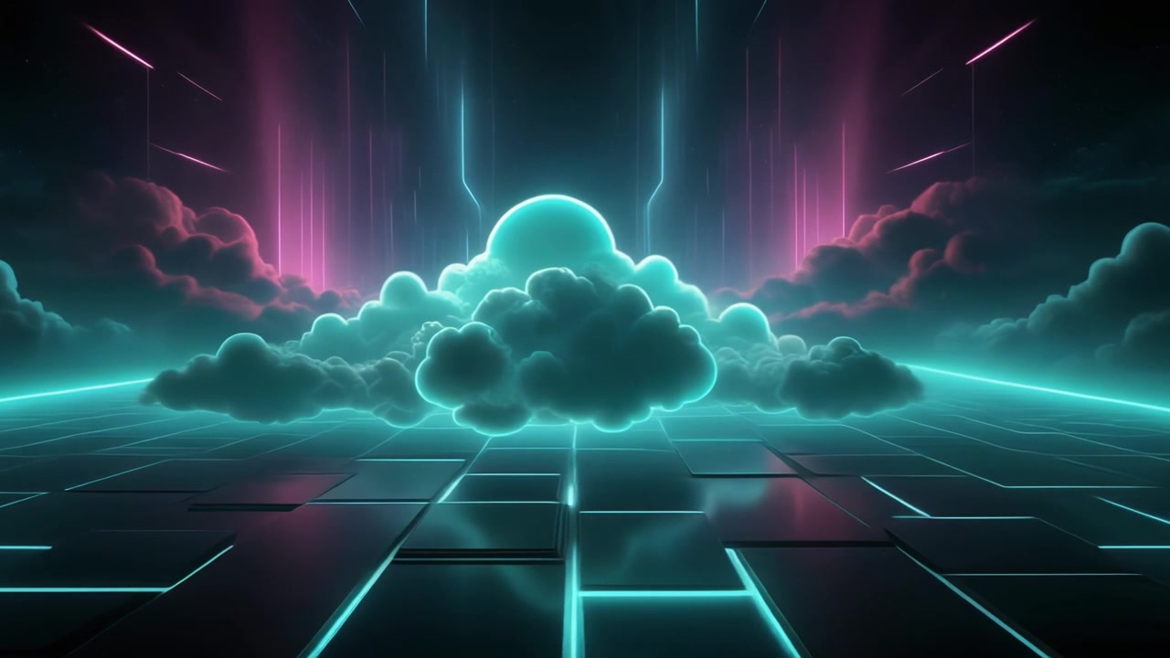 Futuristic Digital Landscape with Glowing Clouds and Neon Grid
