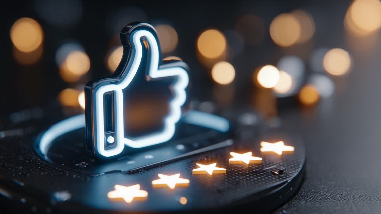 A glowing thumbs-up icon surrounded by illuminated stars and bokeh effects, symbolizing appreciation, positivity, and social media interaction in a captivating visual setting