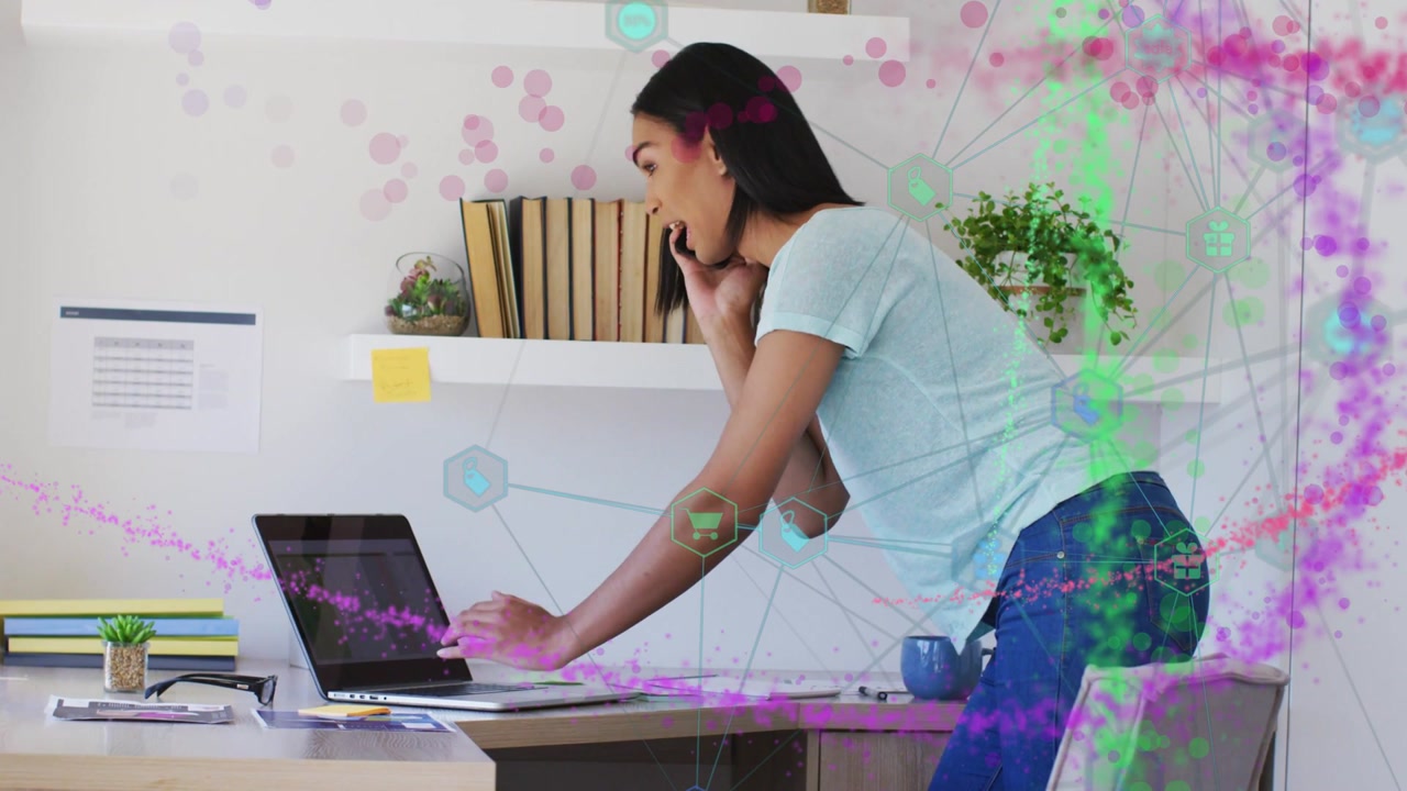 Incoming call sparking nodes sweeping past her; woman typing rising gesturing leading IT call