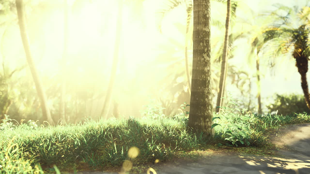 Bright sunlight filtering through tropical trees in a serene environment