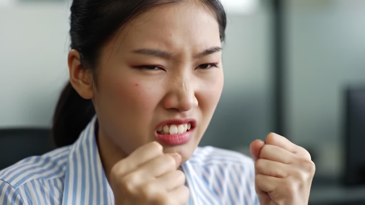 Tension rises as a young professional expresses her frustration while dealing with a pressing issue at the office. Her body language reveals the stress of the moment in this high-stakes environment.