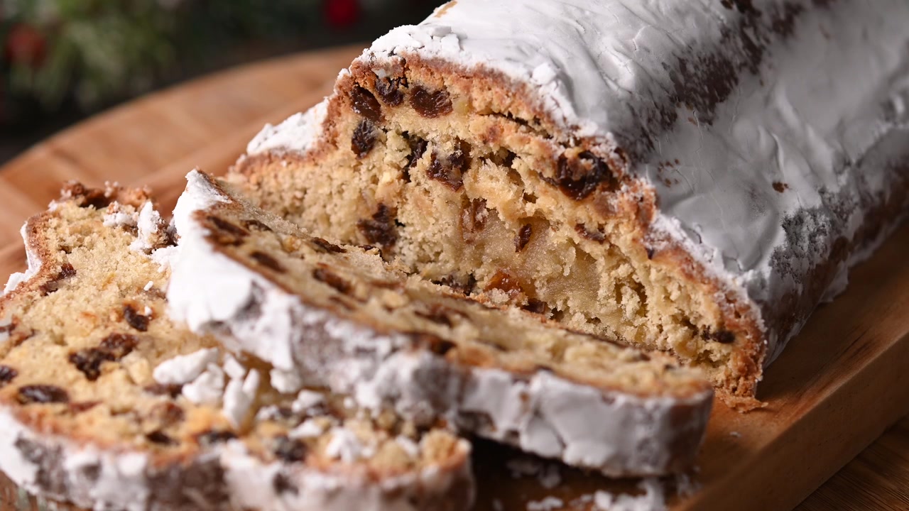 Traditional Christmas Stollen with Raisins and Powdered Sugar